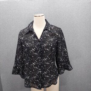 Kathy Che Womens Geometric Blouse Bell Sleeve Button Down Size 8 Black